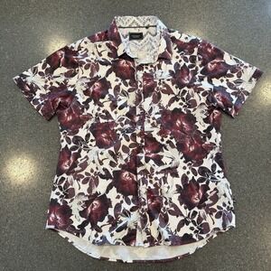 7 Diamonds Purple Floral 4 Way Stretch Short Sleeve Button Up Size Medium